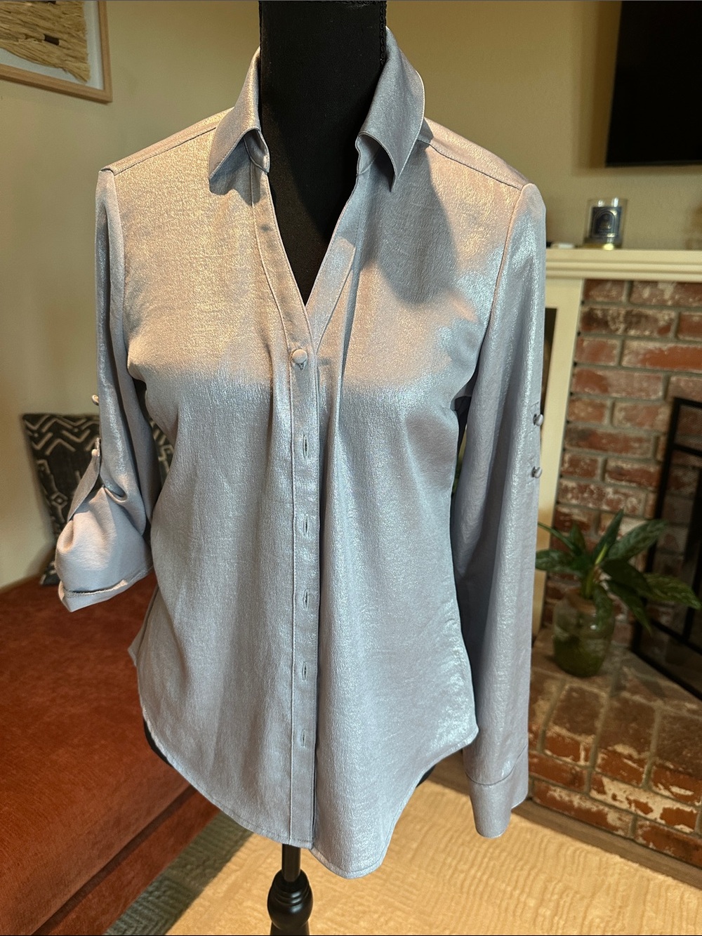 Express Portofino Slim Women's Light Silver Satin Button-Up Shirt